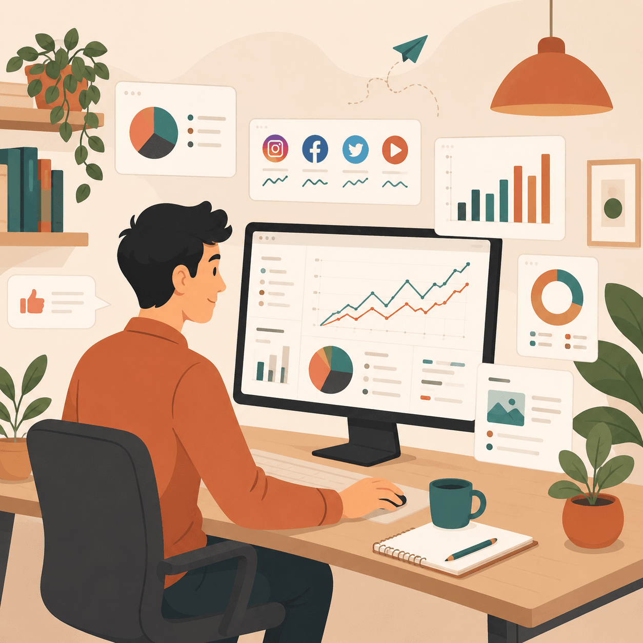 Man analyzing data on a computer screen surrounded by charts and social media icons.
