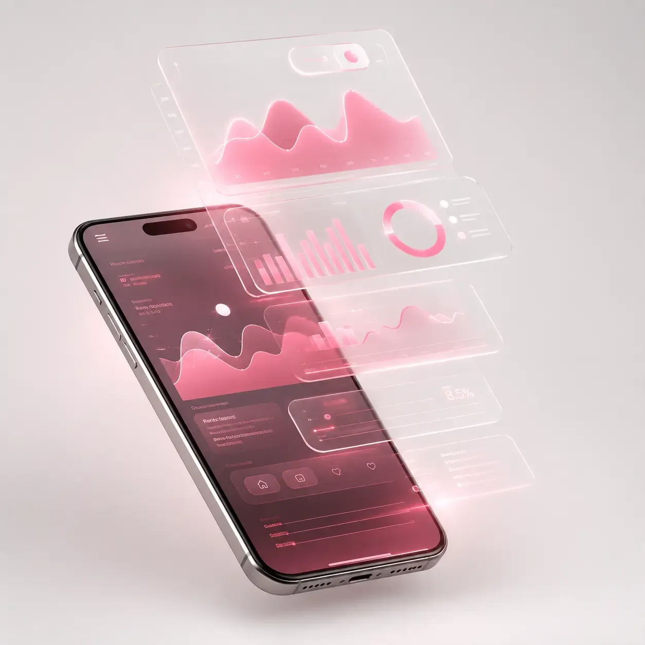 Smartphone displaying pink data graphs, with floating transparent screens showing more analytics.